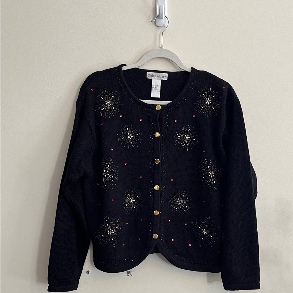 Vintage Dressbarn Beaded Cardigan Sweater Firework Starburst Black Ramie‎ Cotton